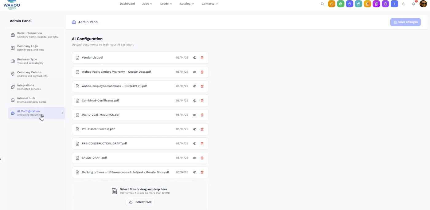 AI Configuration panel — upload documents to train your AI assistant