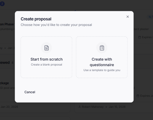 Create Proposal — start from scratch or use a questionnaire template