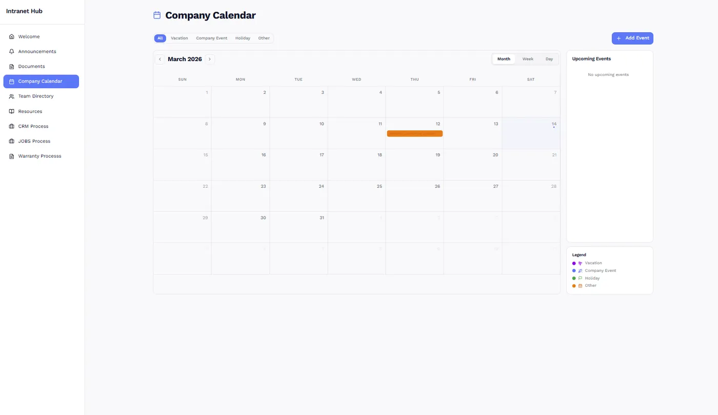 Company Calendar with event types and upcoming events
