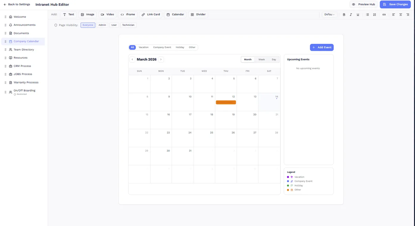 Intranet Hub Editor — Admin drag-and-drop page builder