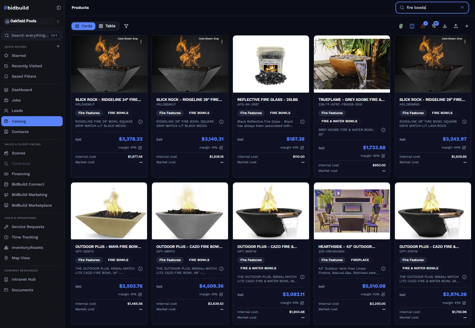 BidBuild product catalog searched for fire bowls, showing Heritage products with internal cost, market cost and margin on each card