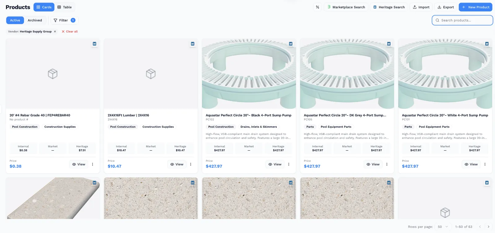 BidBuild Product Catalog showing Heritage Pool Products with synced pricing, photos, and descriptions