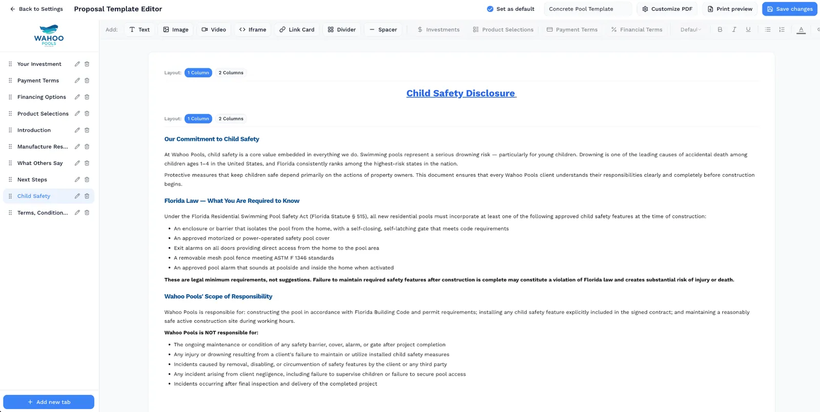 BidBuild Proposal Template Editor — drag-and-drop builder with text, photos, videos, iFrames, and product selections