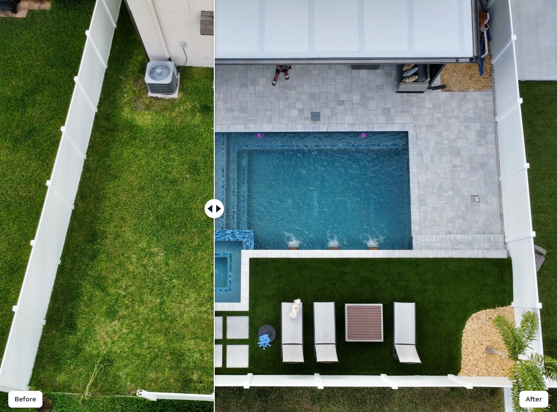 A Scene before-and-after slider: an empty fenced back yard on the left, the finished pool, paver deck and turf on the right